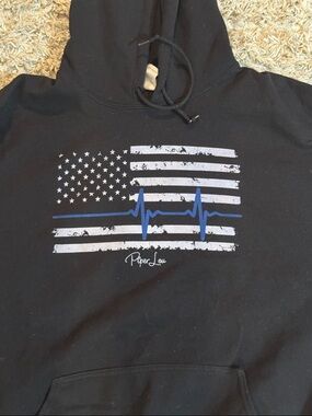 Black Pullover Hoodie with Blue Heartbeat Flag Graphic